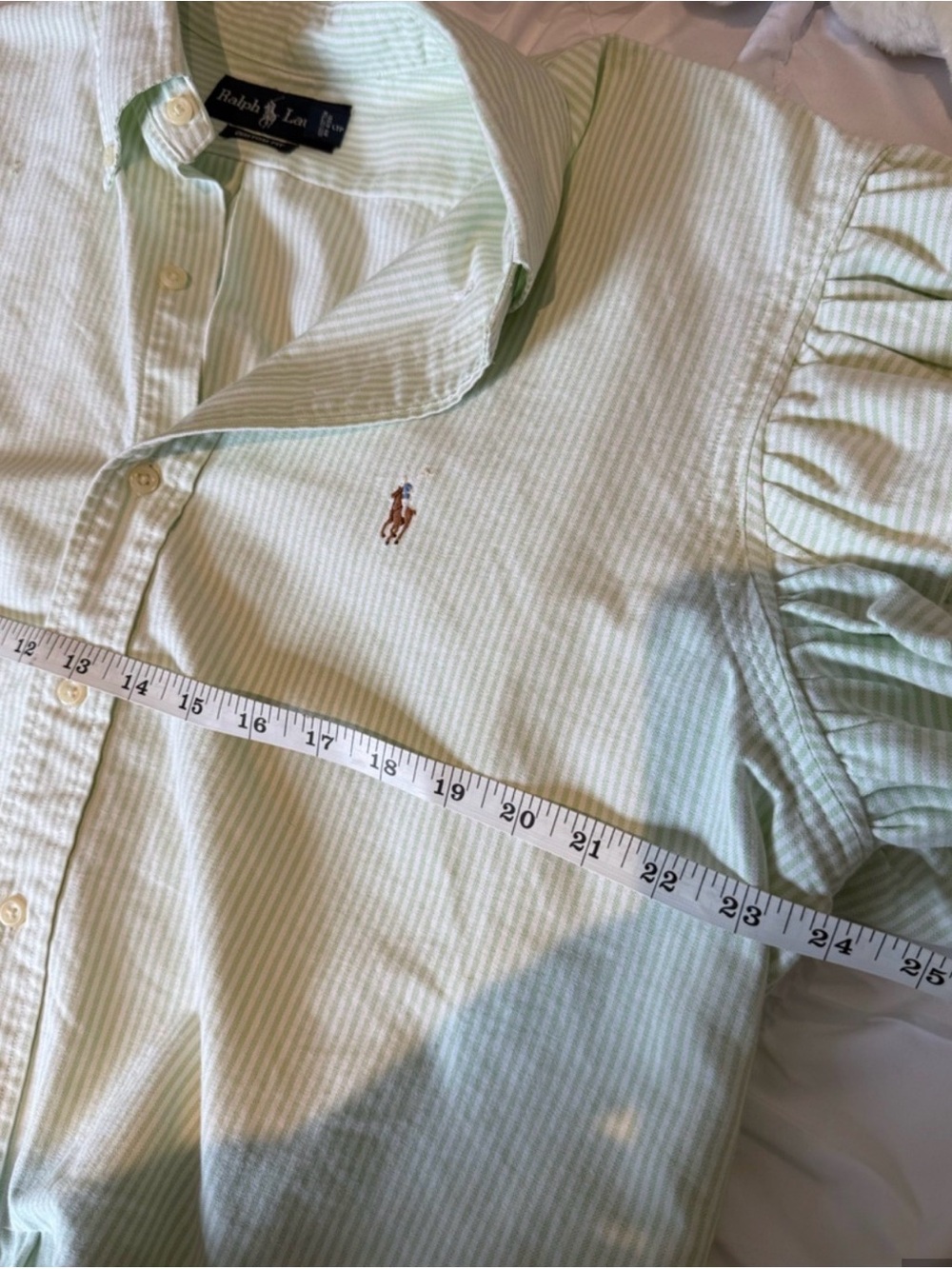 Ralph Lauren Re-Worked XL Green Striped Ruffle Sleeves Hem Button-Down